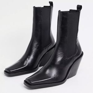 ASOS Rhea Western Black Leather Heeled Boots Booties NIB